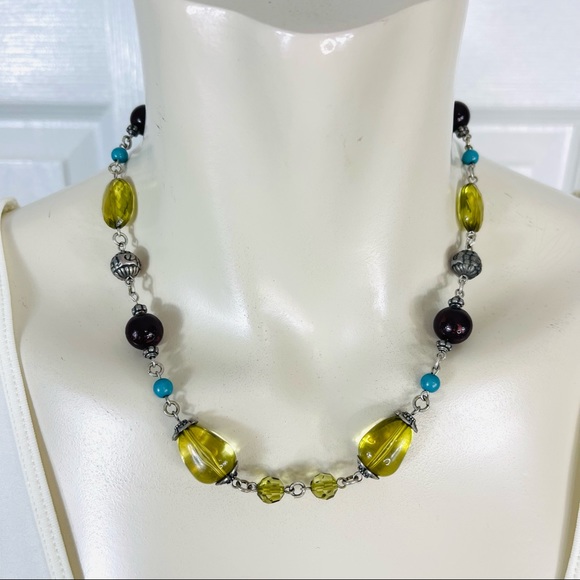 Boho adjustable necklace beaded silver green brown bohemian chain necklace - Picture 2 of 3